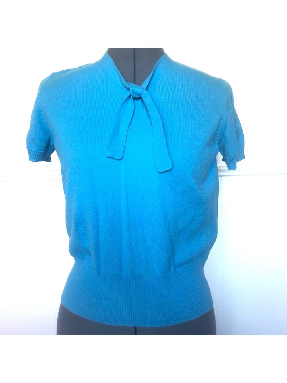 Vintage Blue Knit Top Tie Neck Short Sleeve Shirt Necktie Medium Cotton